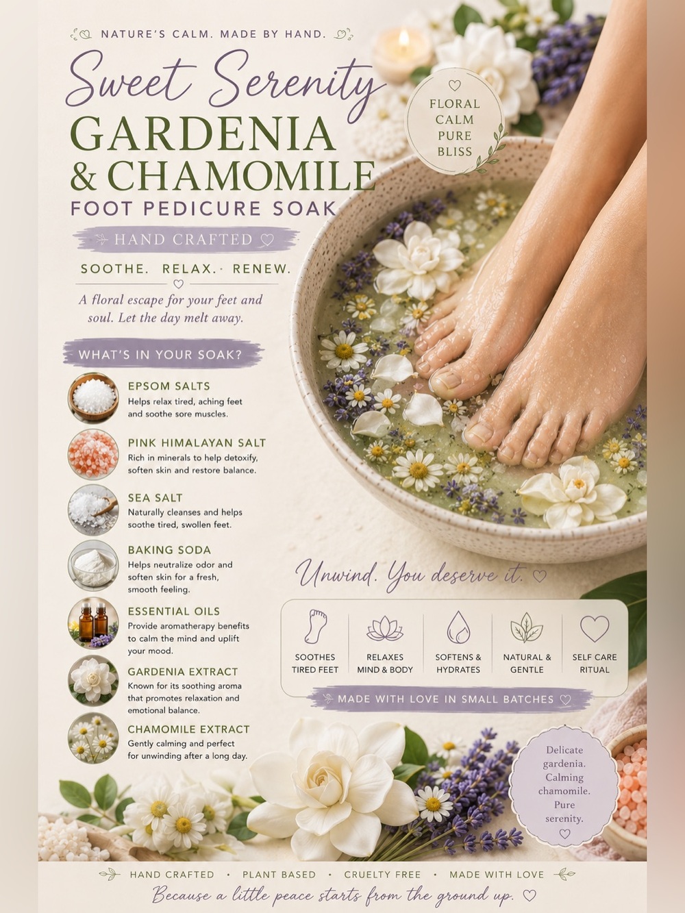 Handcrafted Relaxing Foot Soak with Lavender & Chamomile - Soothes & Softens